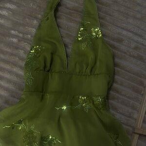 Olive Green Halter Dress with Sequin Floral Embroidery Y2K